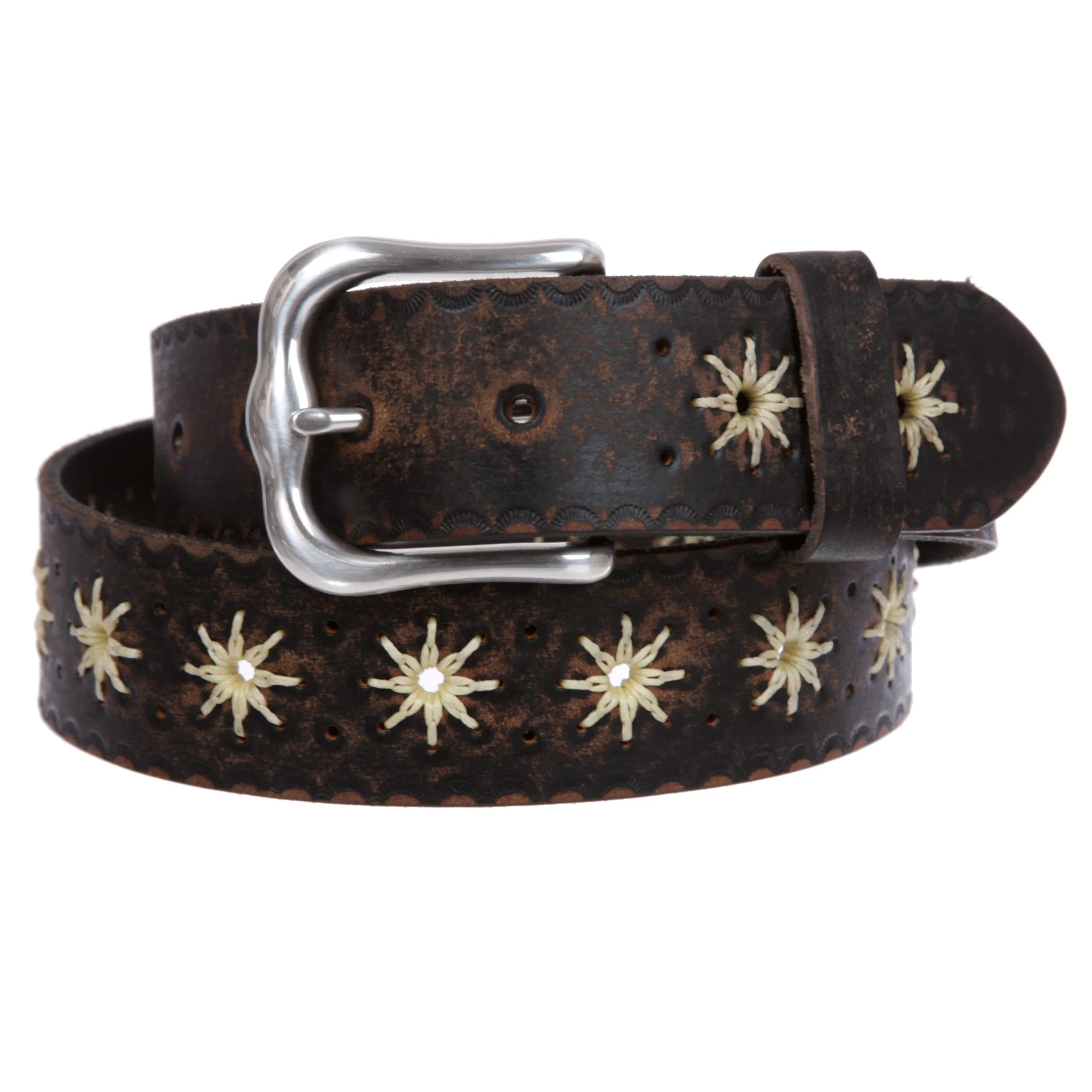 1 1/2" (38 mm) Snap on Western Vintage Embossed Sunflower Leather Belt