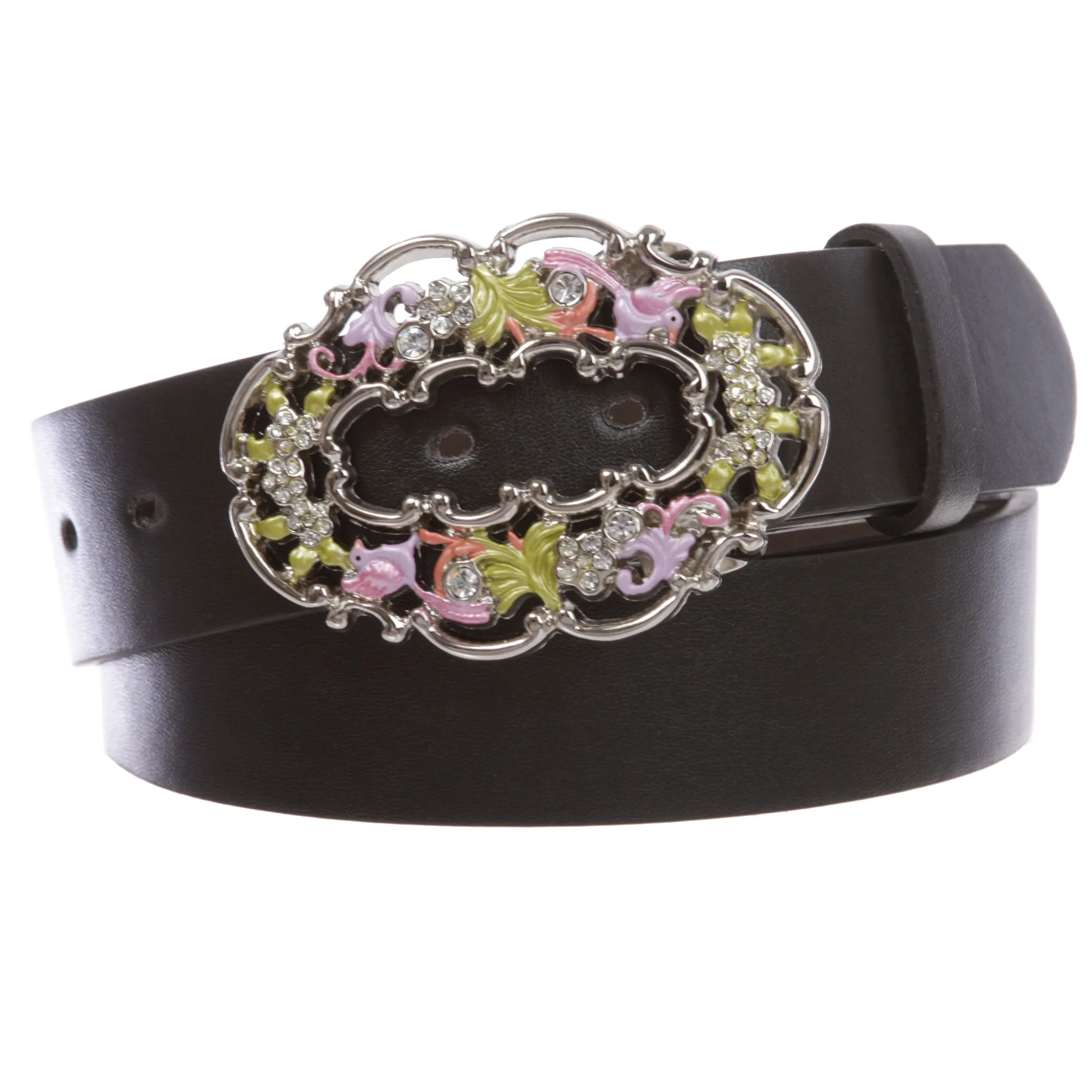 1 1/2" Women's Snap On Rhinestone Western Engraving Hollow Out Perforated Floral Flower Buckle Leather Belt