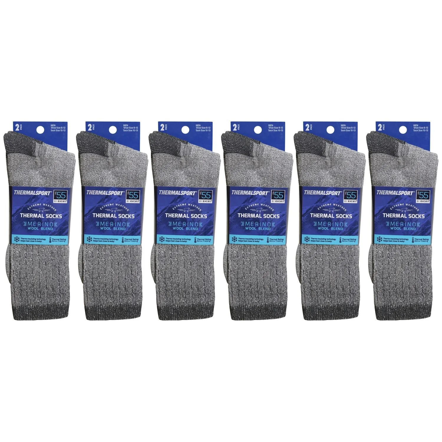 12 and 6 Pairs of Merino Wool Thermal Socks, Warm Hiking Boot Socks, Grey, Size 10-13