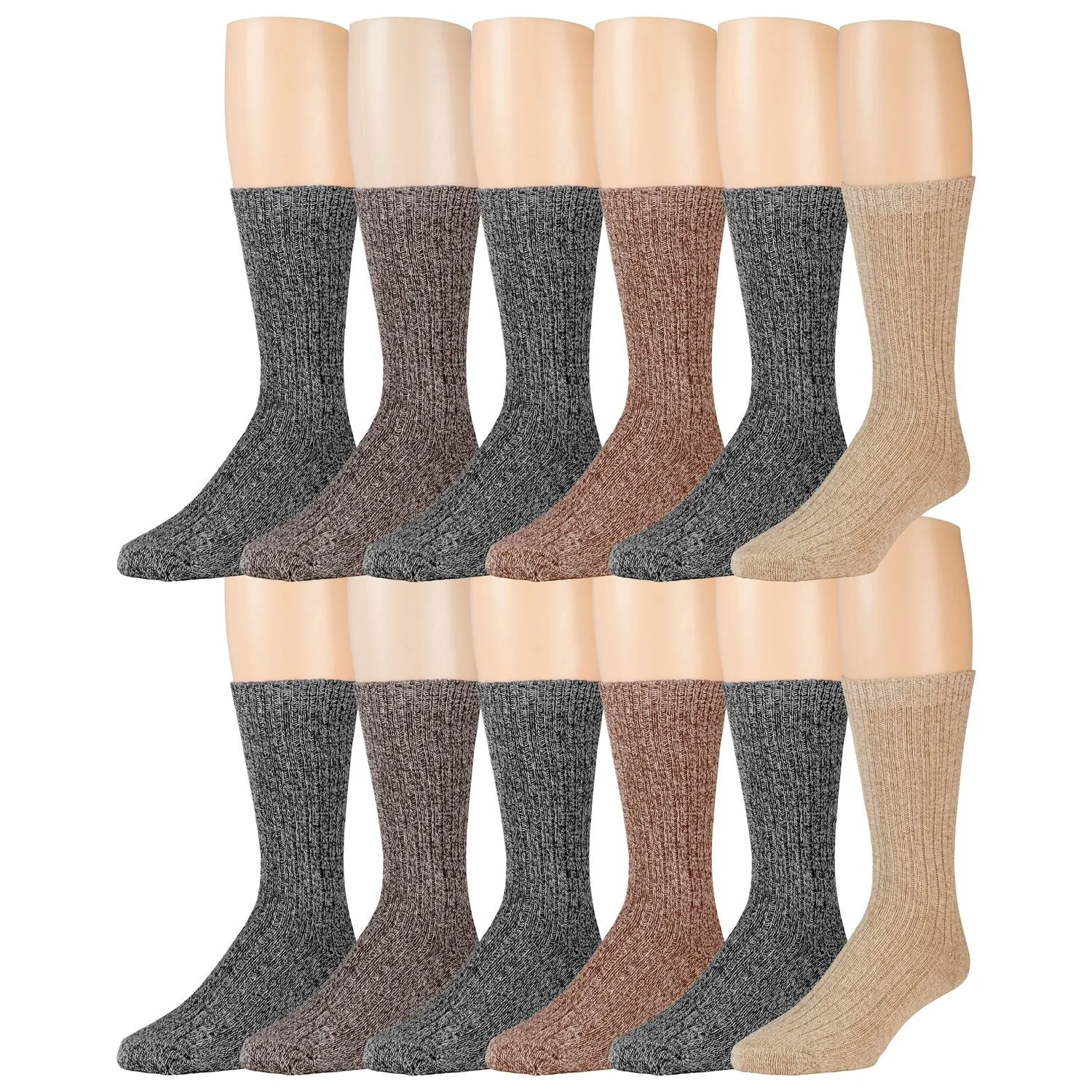 12 Pairs of Wool Blend Warm Crew Thermal Socks, Dark Assorted, Size 10-13