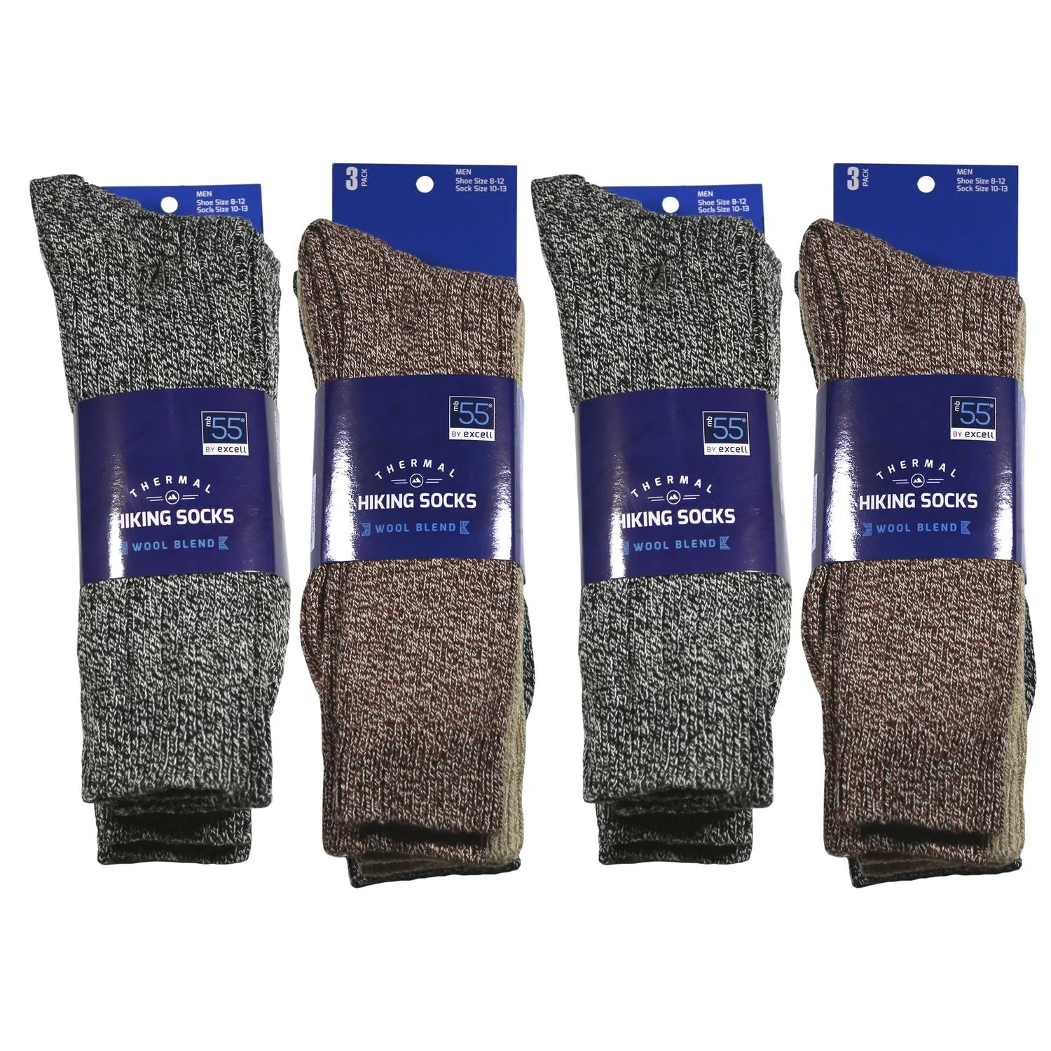 12 Pairs of Wool Blend Warm Crew Thermal Socks, Dark Assorted, Size 10-13