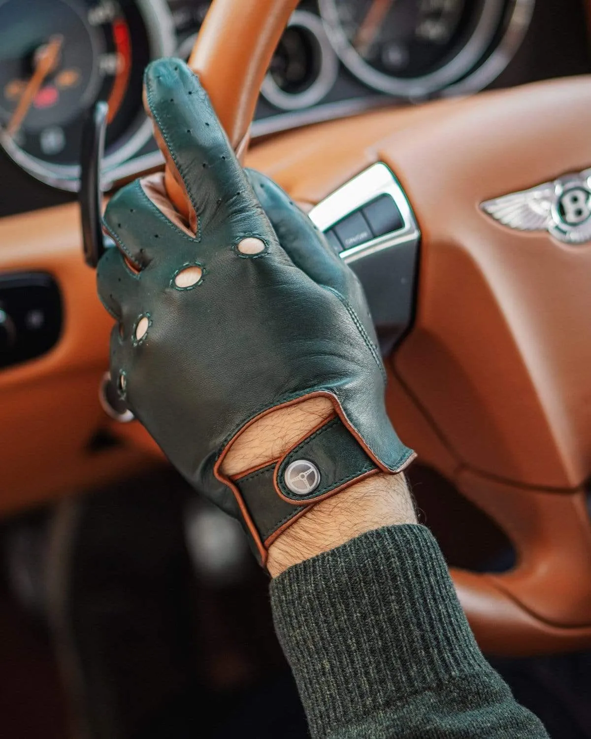 AUTHENTIC RACE MK2 -  Leather Driving Gloves - British Green/Cognac