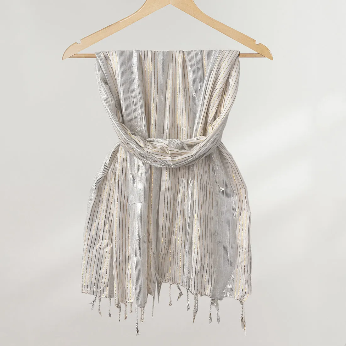 Contemporary Silver & Gold Lurex Striped White Tassel Scarf