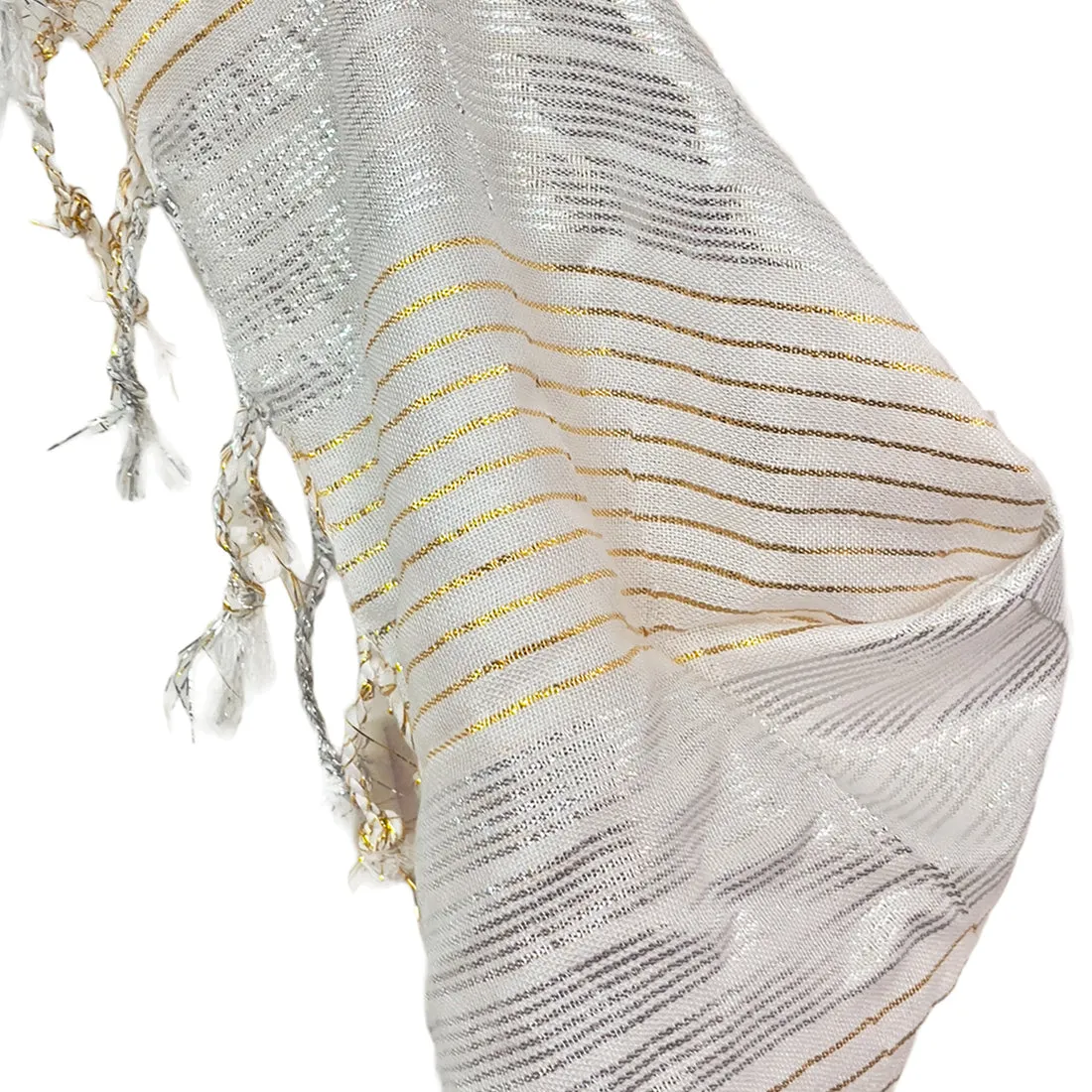 Contemporary Silver & Gold Lurex Striped White Tassel Scarf