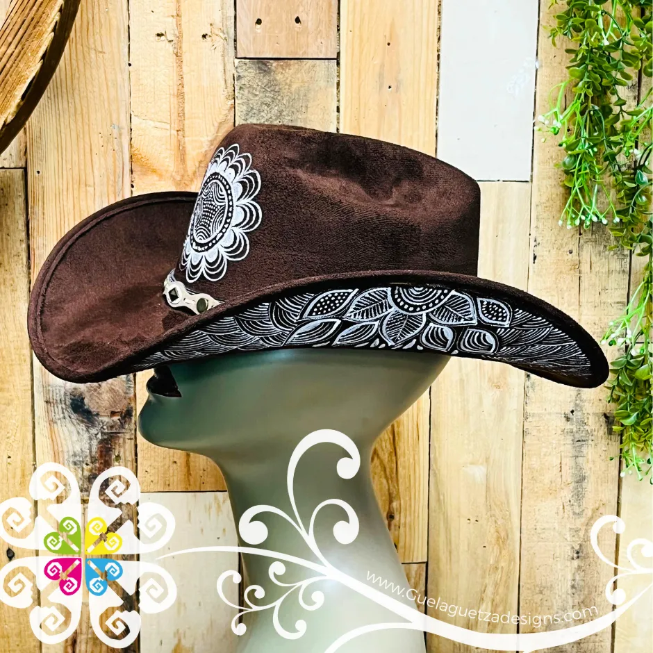 Dark Brown Mitla Cowboy Velvet Hat - Hand Painted Hat