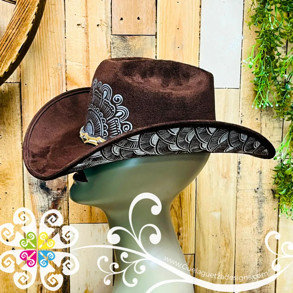 Dark Brown Mitla Cowboy Velvet Hat - Hand Painted Hat