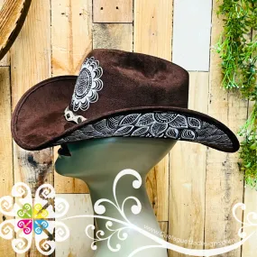 Dark Brown Mitla Cowboy Velvet Hat - Hand Painted Hat