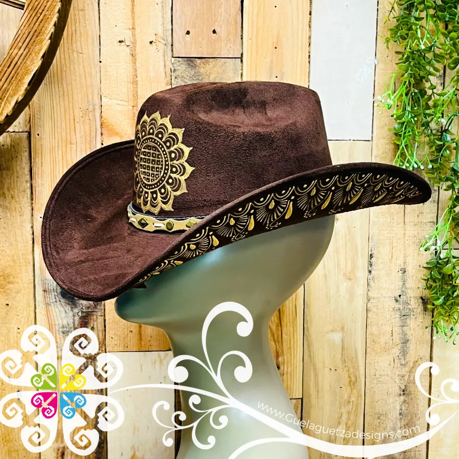 Dark Brown Mitla Cowboy Velvet Hat - Hand Painted Hat