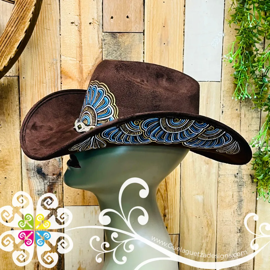 Dark Brown Mitla Cowboy Velvet Hat - Hand Painted Hat