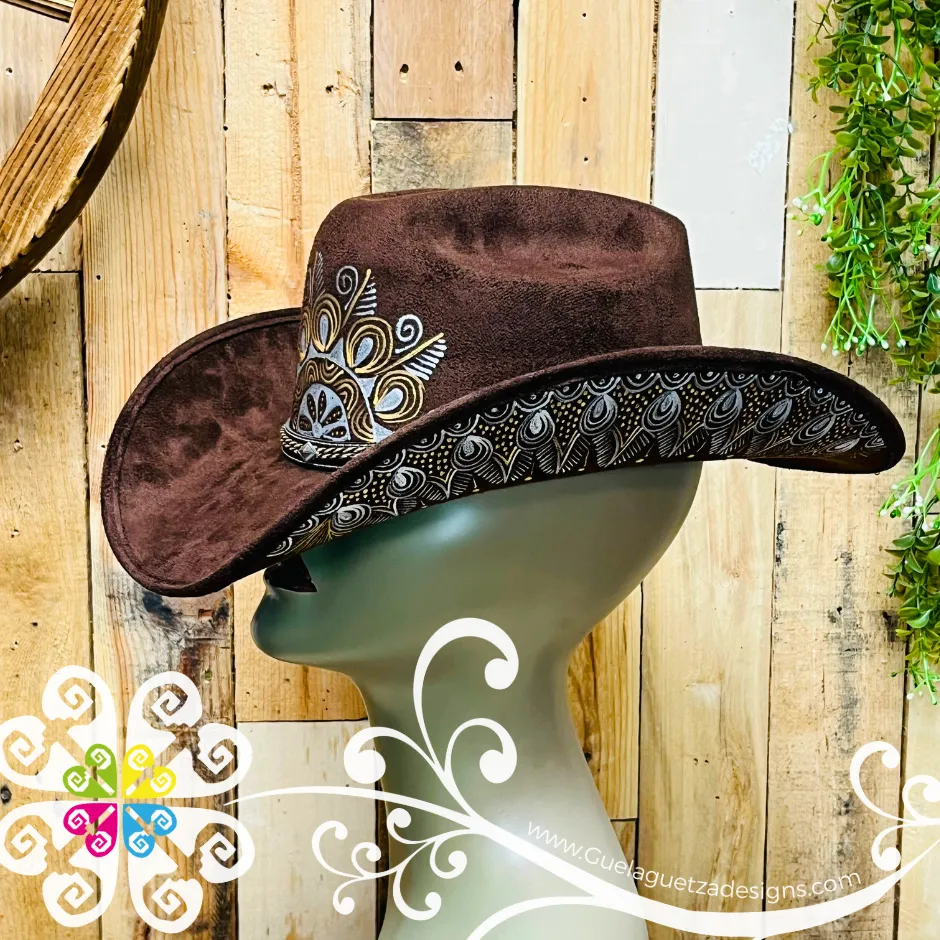 Dark Brown Mitla Cowboy Velvet Hat - Hand Painted Hat