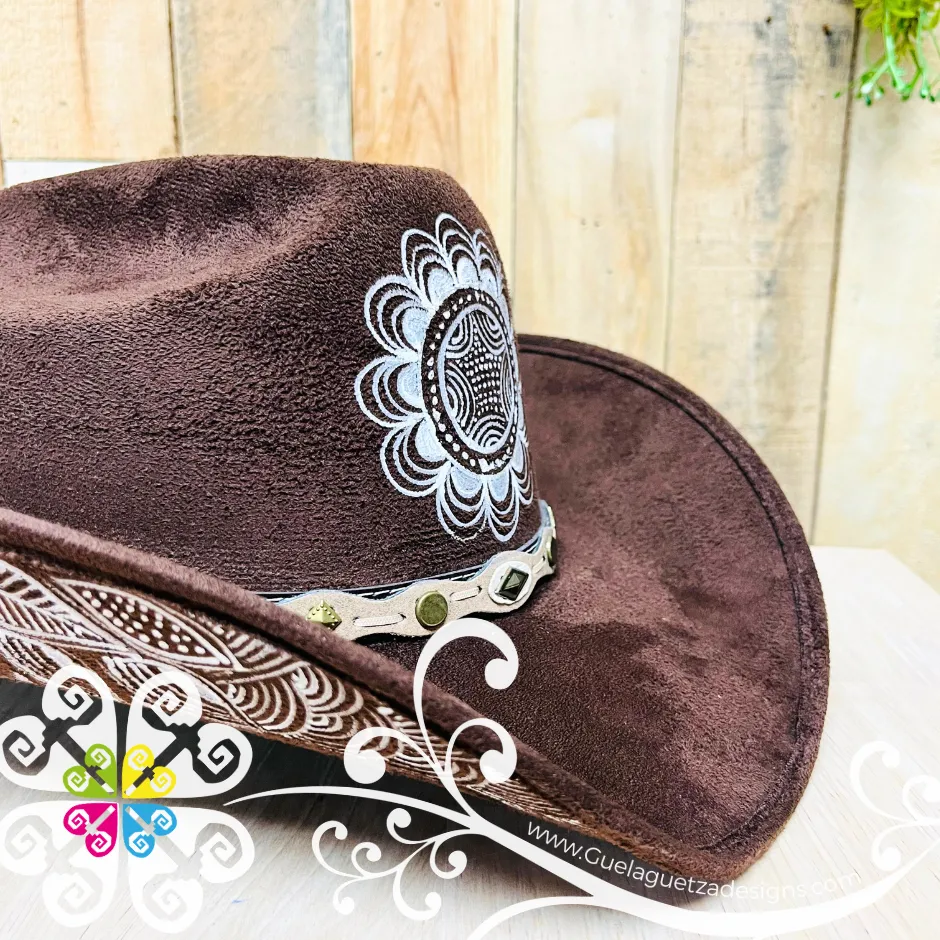 Dark Brown Mitla Cowboy Velvet Hat - Hand Painted Hat