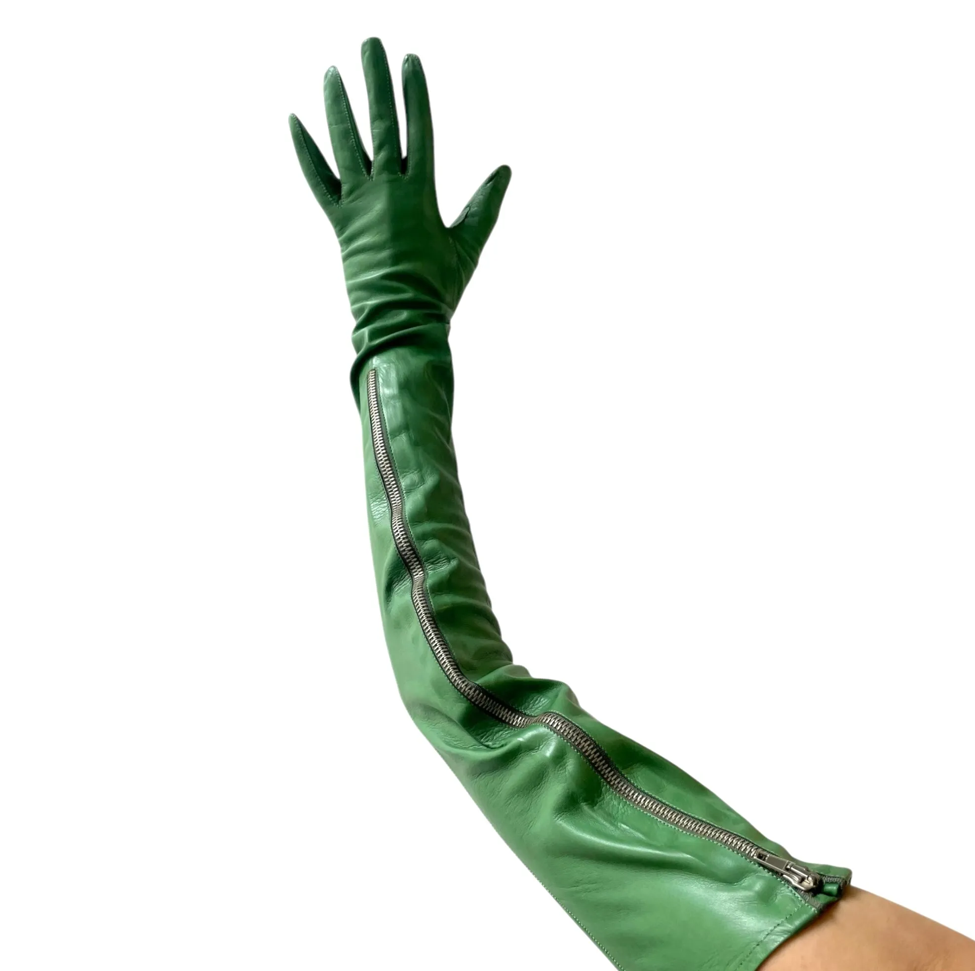 Gasper Gloves 2010s Green Leather Arm Length Gloves with Zipper