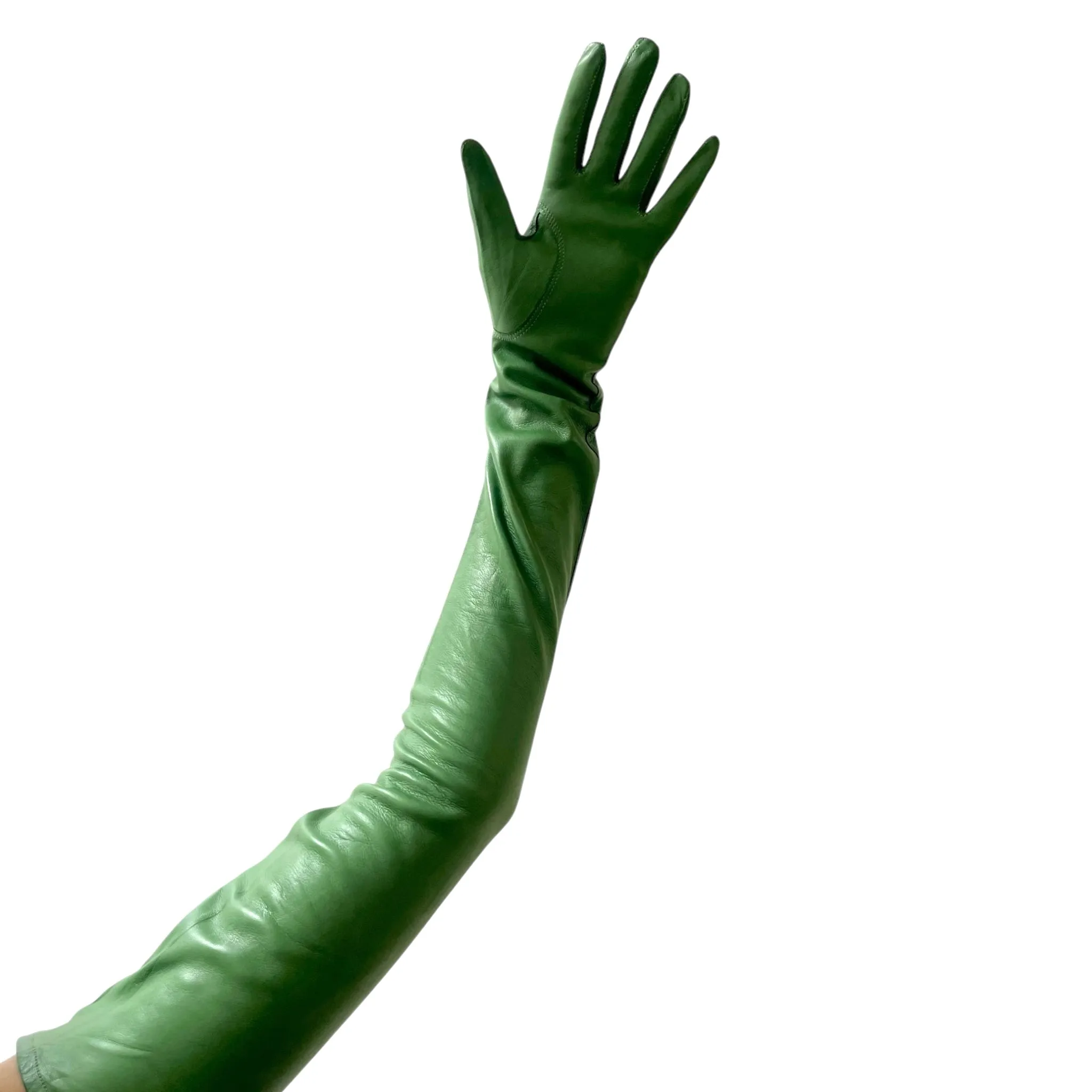 Gasper Gloves 2010s Green Leather Arm Length Gloves with Zipper