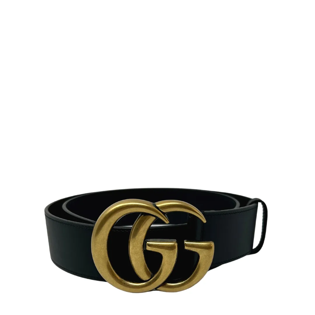 Gucci Black 1.5" Marmont Belt - Antique Gold