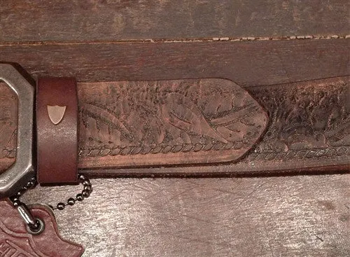 HTC Hollywood Trading Company Steel with Vintage Tooled Brown Leather Belt