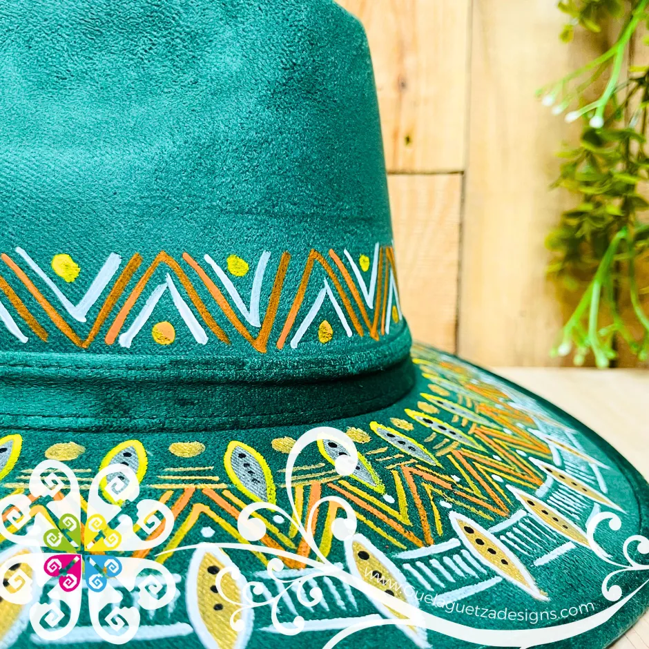 Jade Green Indiana Mitla Velvet Hat - Hand Painted Hat