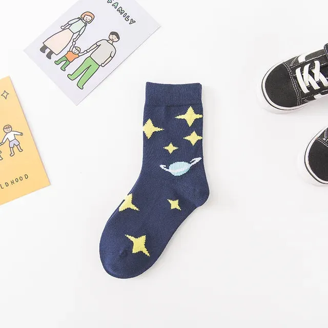 Kids Boy Socks Cotton Cartoon Socks Kids Boy Girl Funny Planet Star Universe Aerospace Cute Baby Socks Fashion Brand Black 3-10Y