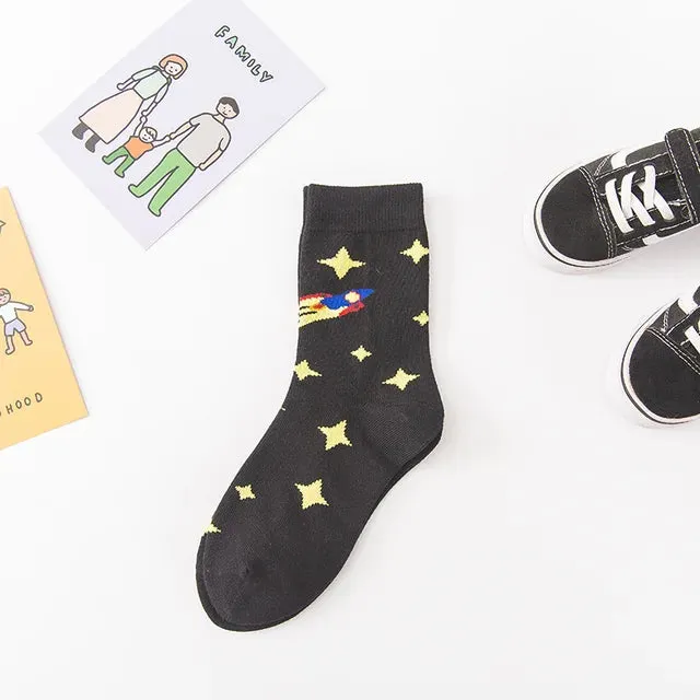 Kids Boy Socks Cotton Cartoon Socks Kids Boy Girl Funny Planet Star Universe Aerospace Cute Baby Socks Fashion Brand Black 3-10Y