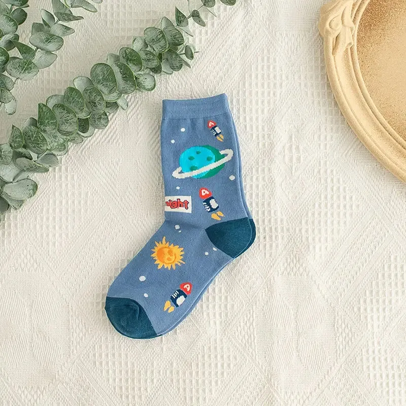 Kids Boy Socks Cotton Cartoon Socks Kids Boy Girl Funny Planet Star Universe Aerospace Cute Baby Socks Fashion Brand Black 3-10Y