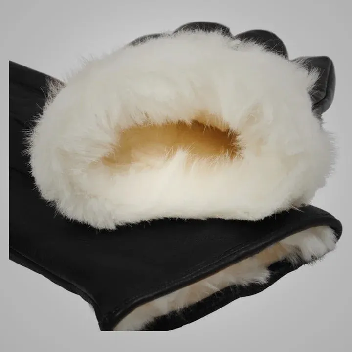 Men's Black Lambskin Leather Gloves with White Fur Lining