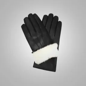 Men's Black Lambskin Leather Gloves with White Fur Lining