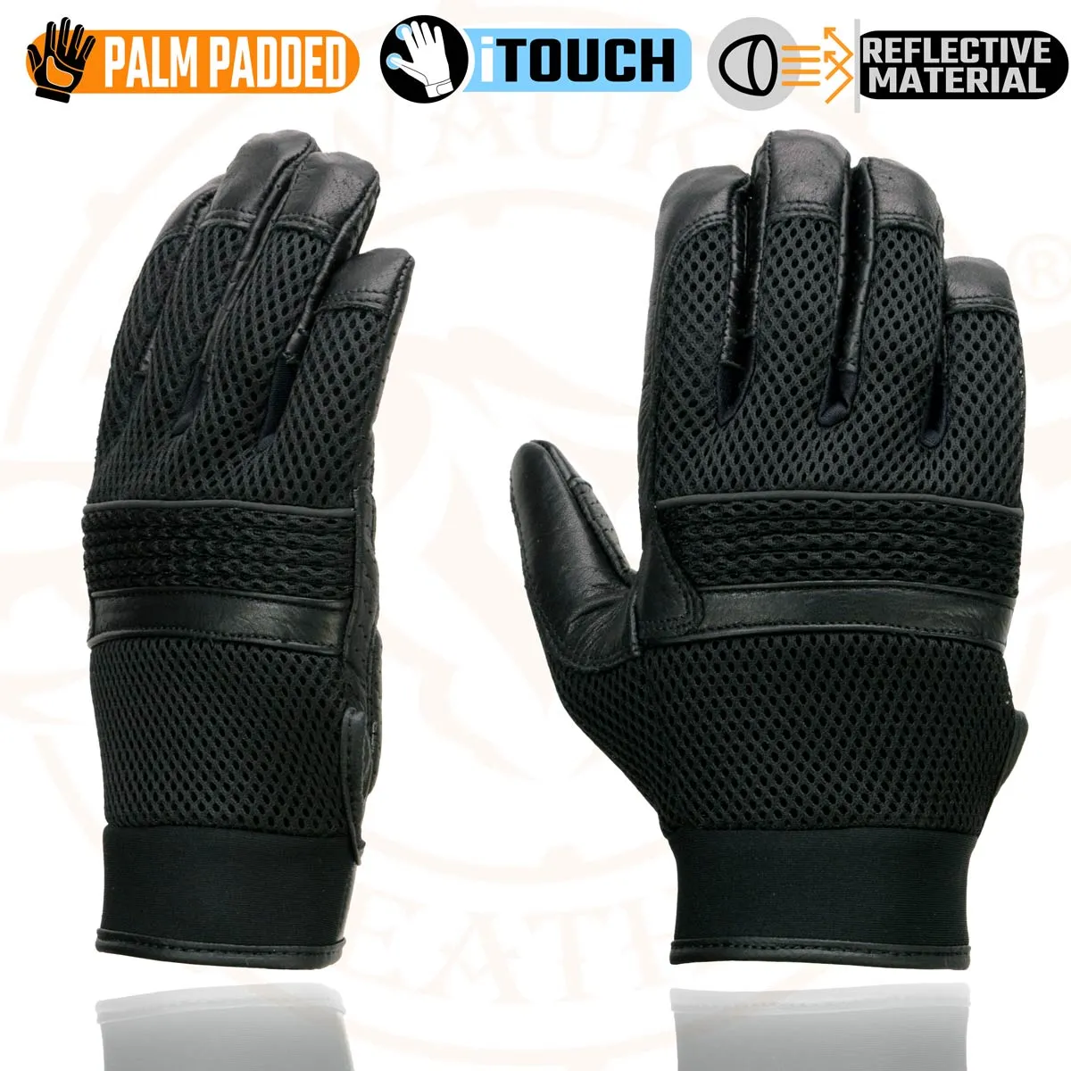 Milwaukee Leather MG7503 Men's Black Leather  i-Touch Screen Compatible Mesh Racing Motorcycle Hand Gloves W/ Reflector