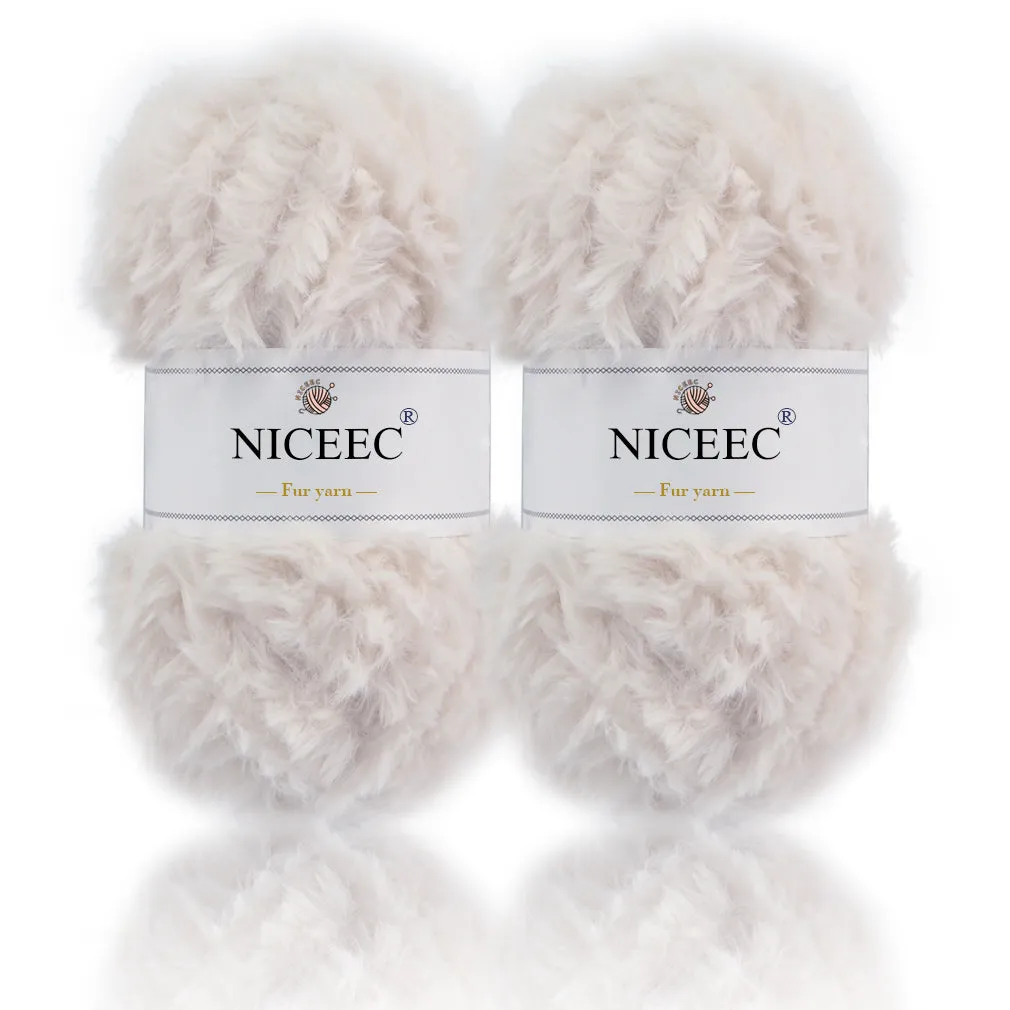 NICEEC 2 Skeins Super Soft Fur Yarn Chunky Fluffy Faux Fur Yarn Eyelash Yarn for Crochet Knit -Total Length 2×32m(2×35yds,50g×2)