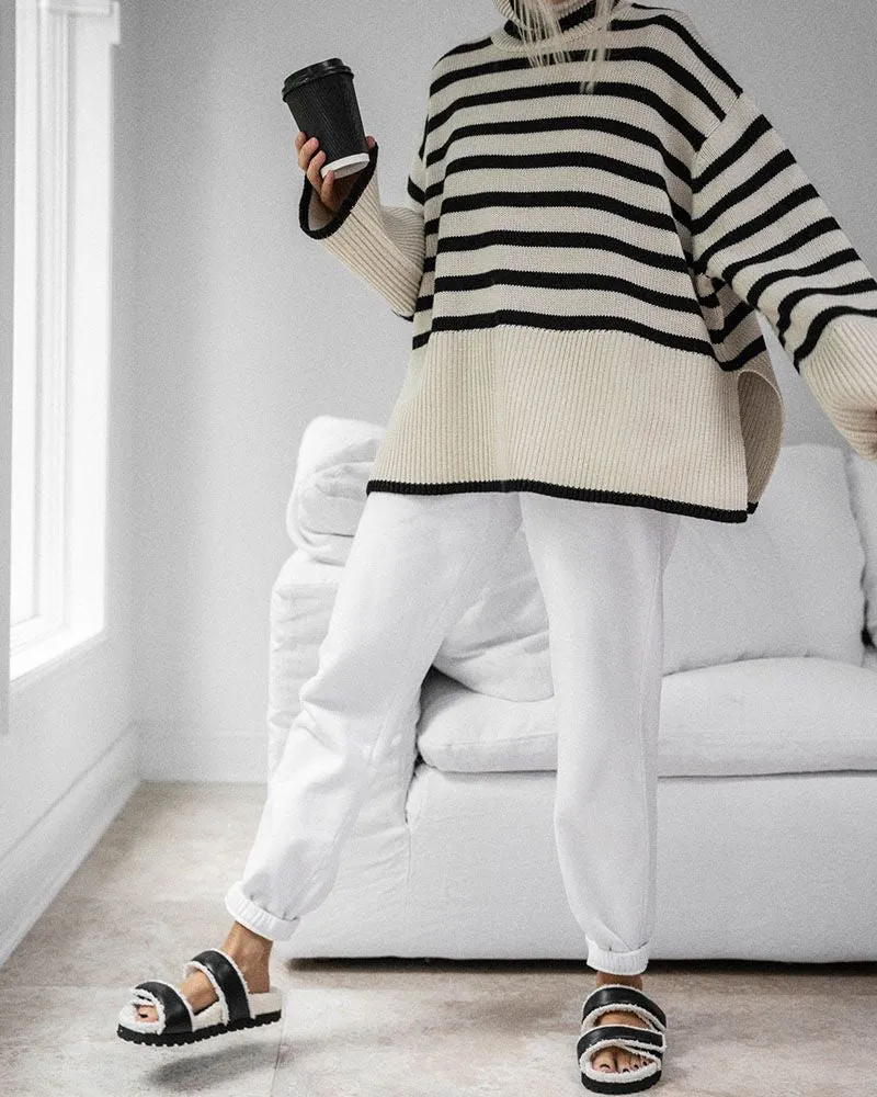 Oversized Baggy Block Striped Wool Cotton Blend Turtleneck Sweater With Slit