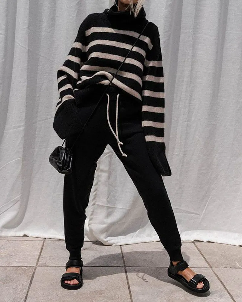 Oversized Baggy Block Striped Wool Cotton Blend Turtleneck Sweater With Slit