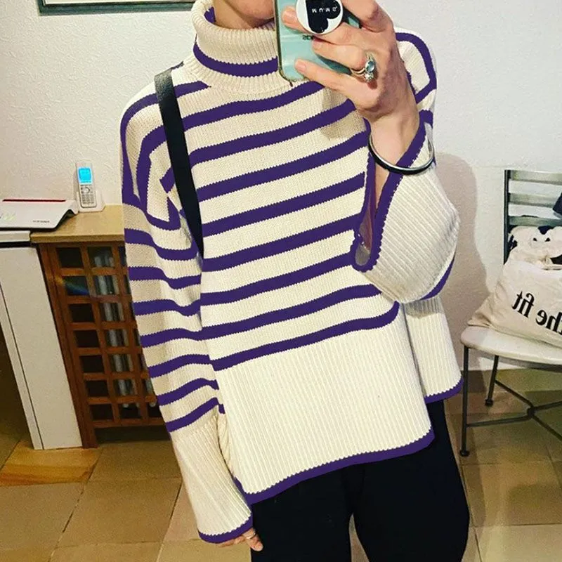 Oversized Baggy Block Striped Wool Cotton Blend Turtleneck Sweater With Slit