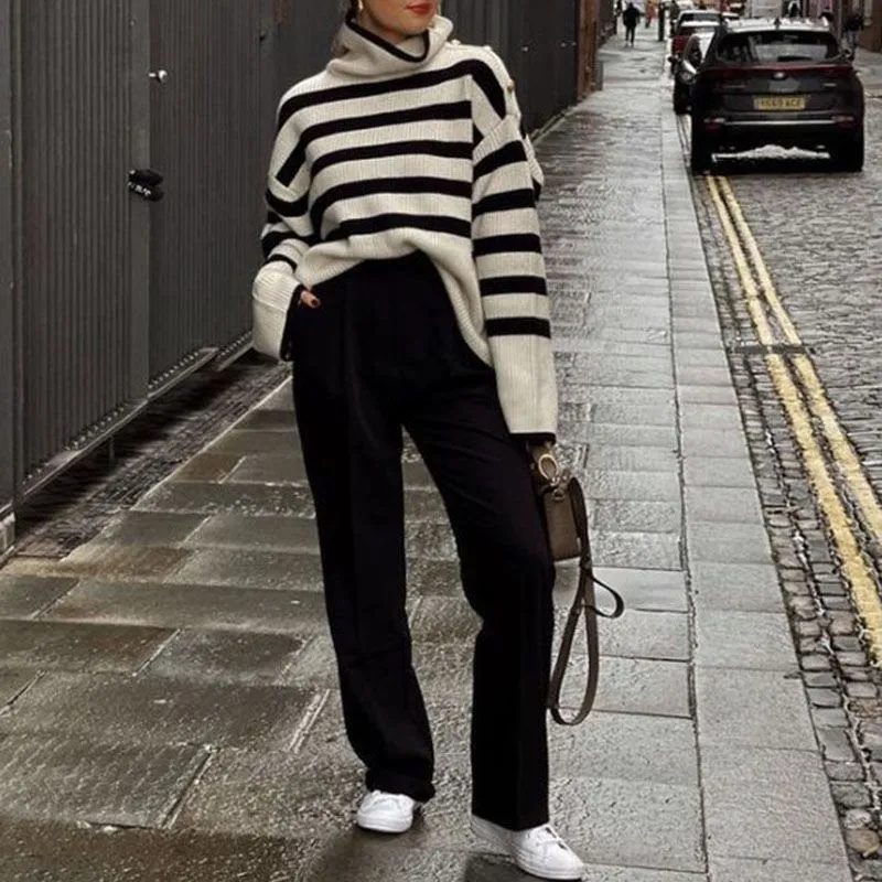 Oversized Baggy Block Striped Wool Cotton Blend Turtleneck Sweater With Slit