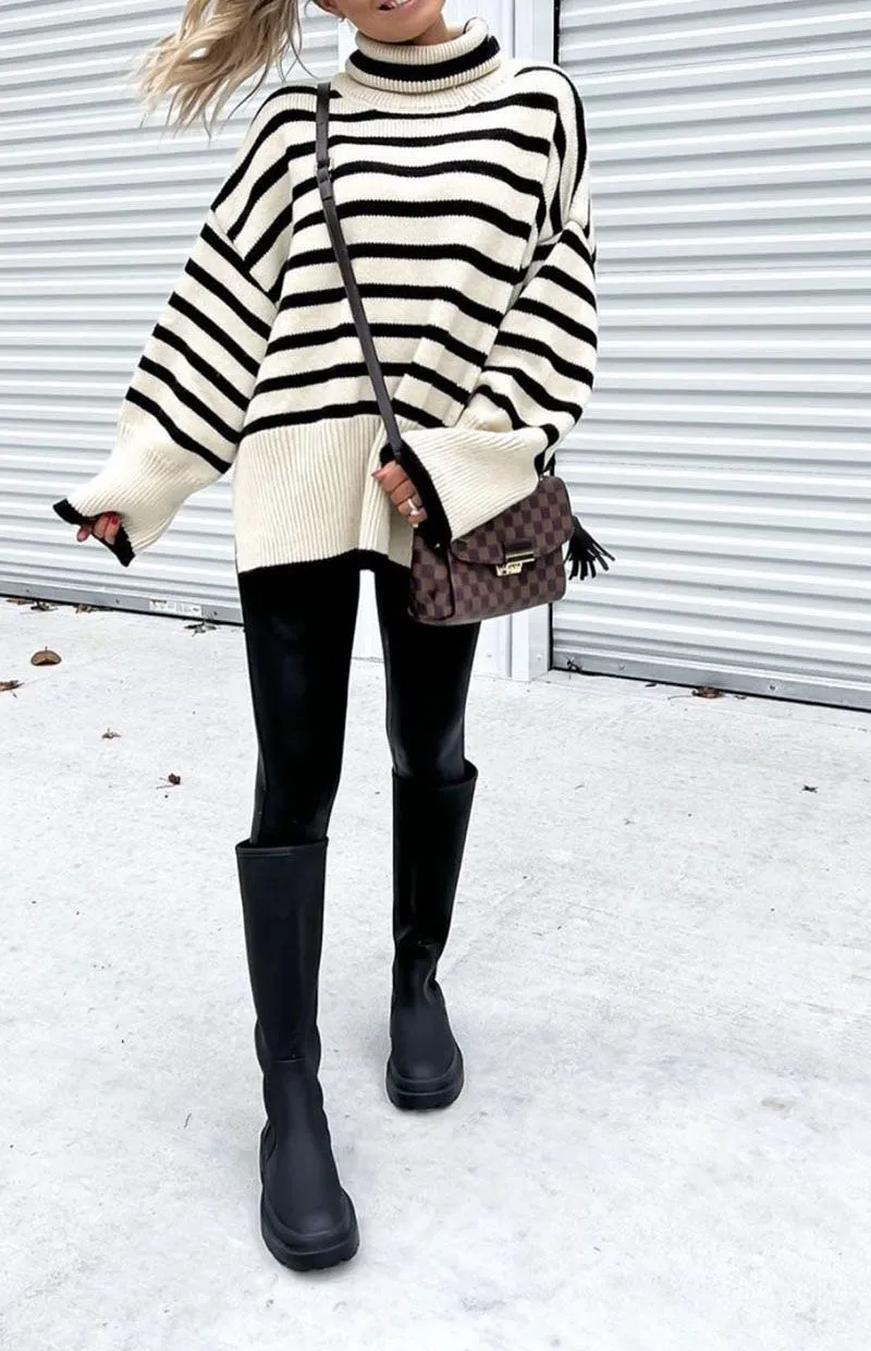 Oversized Baggy Block Striped Wool Cotton Blend Turtleneck Sweater With Slit