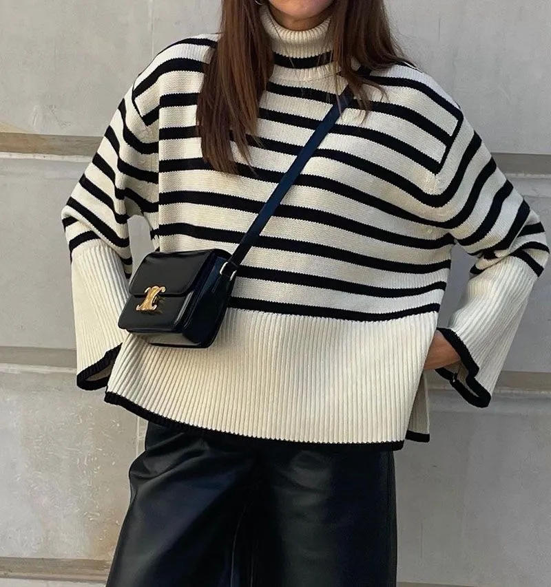 Oversized Baggy Block Striped Wool Cotton Blend Turtleneck Sweater With Slit