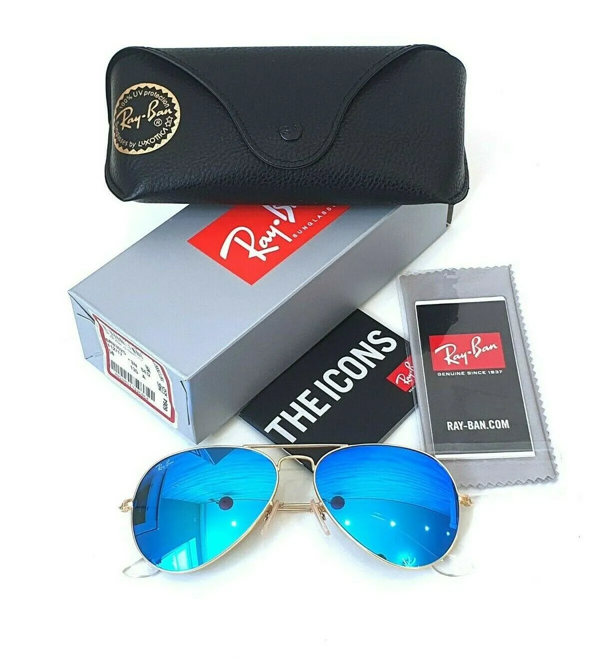 Ray-Ban Aviator Gold Frame Crystal Blue Mirrored Lenses Sunglasses