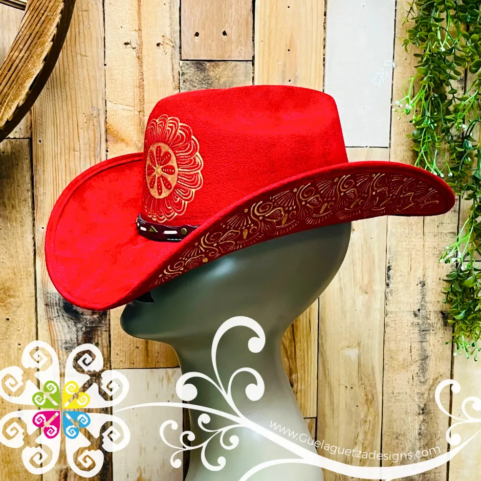 Red Mitla Cowboy Velvet Hat - Hand Painted Hat