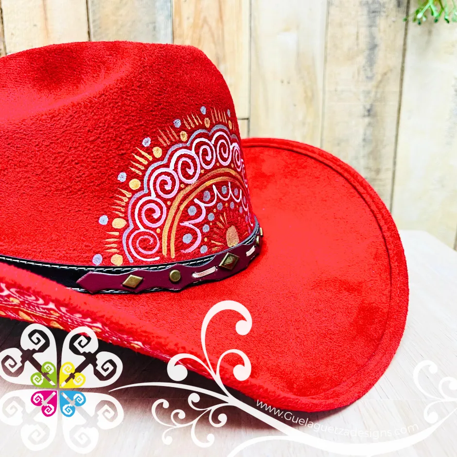 Red Mitla Cowboy Velvet Hat - Hand Painted Hat