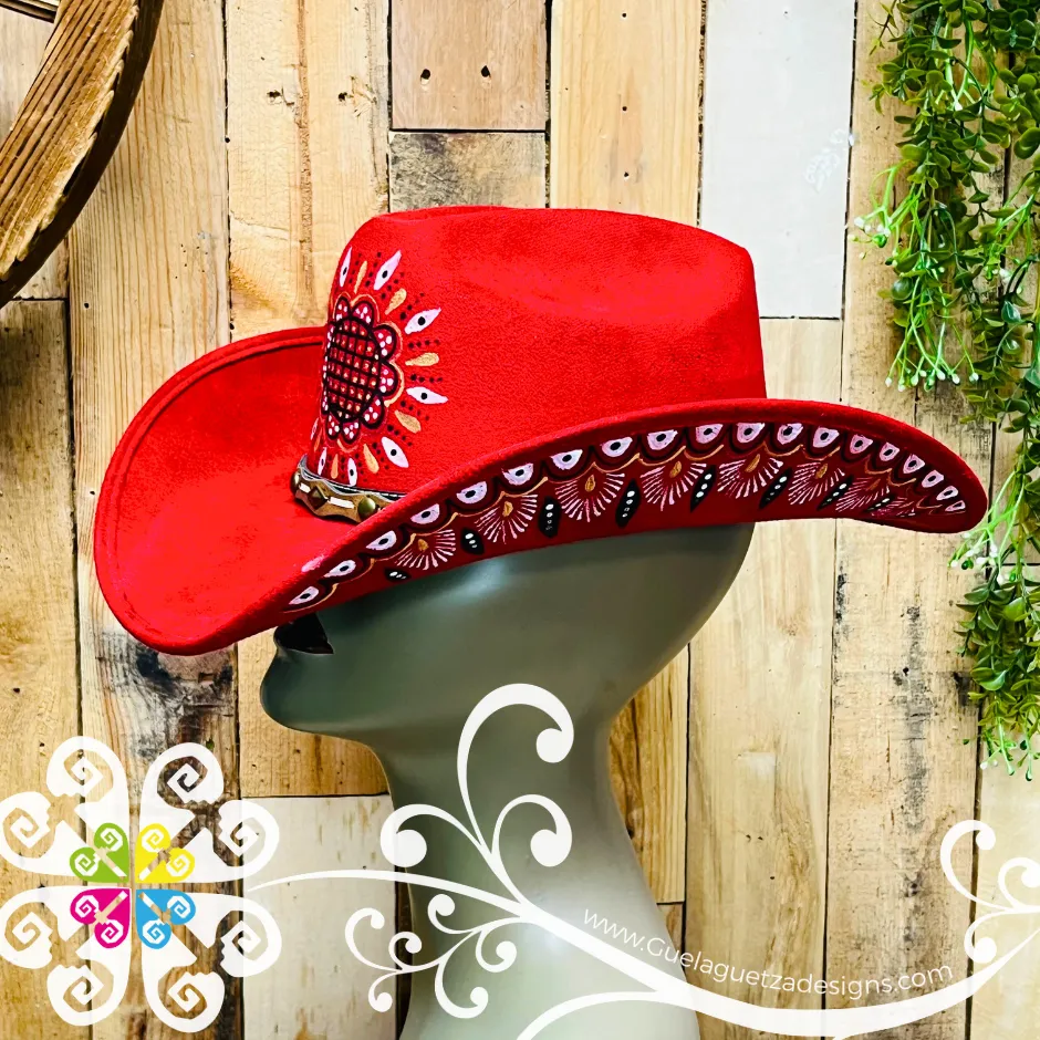 Red Mitla Cowboy Velvet Hat - Hand Painted Hat