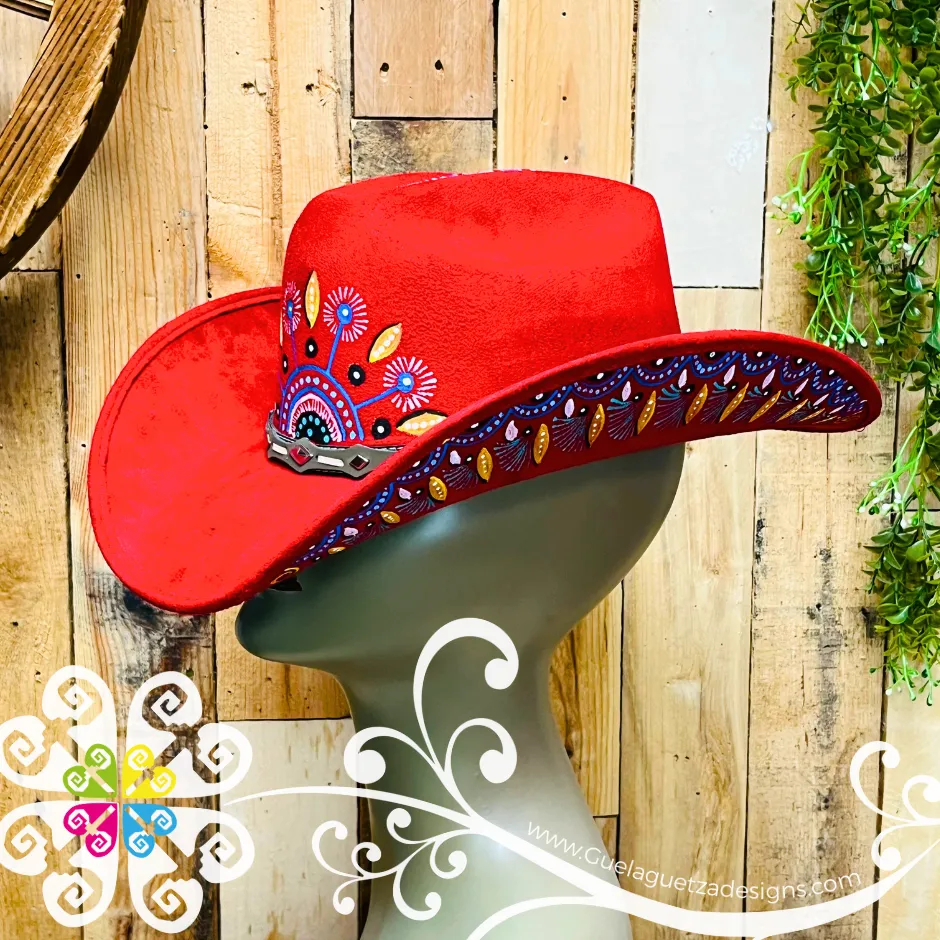 Red Mitla Cowboy Velvet Hat - Hand Painted Hat