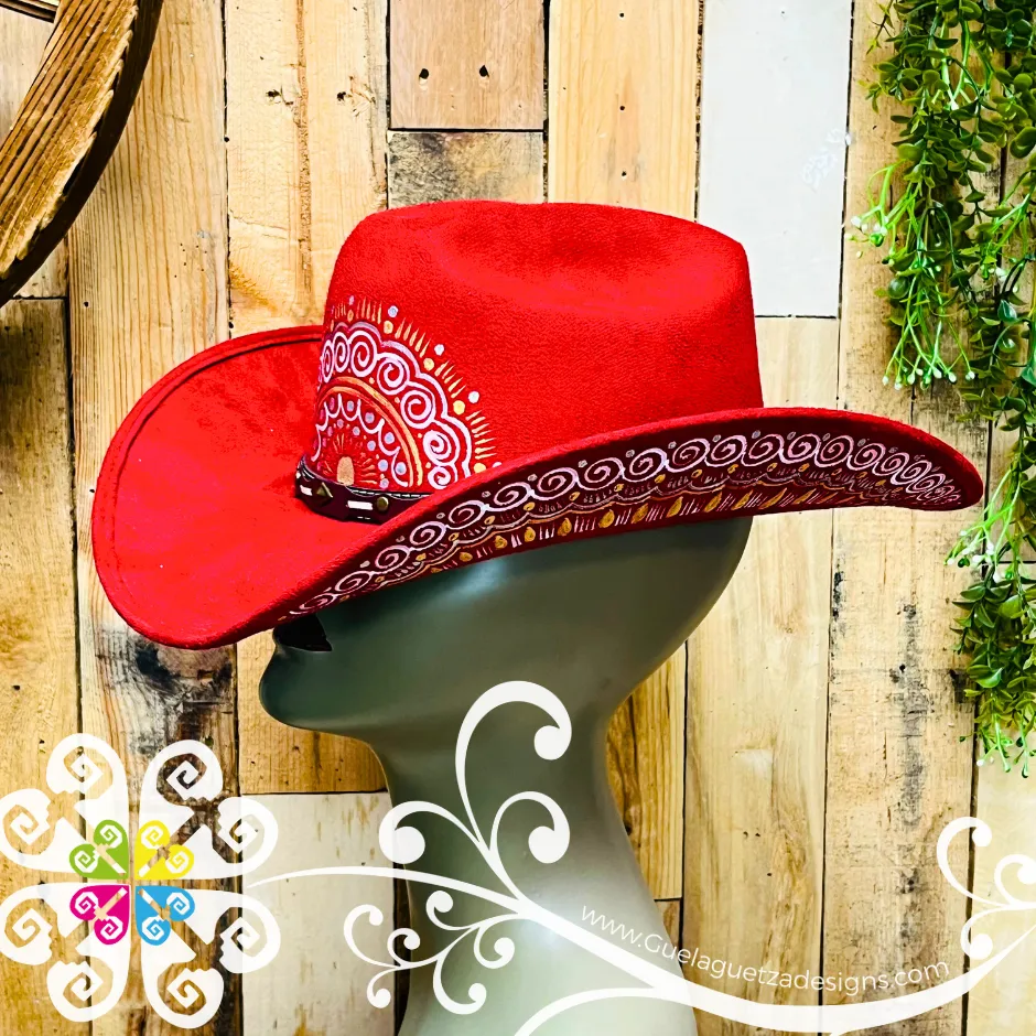 Red Mitla Cowboy Velvet Hat - Hand Painted Hat