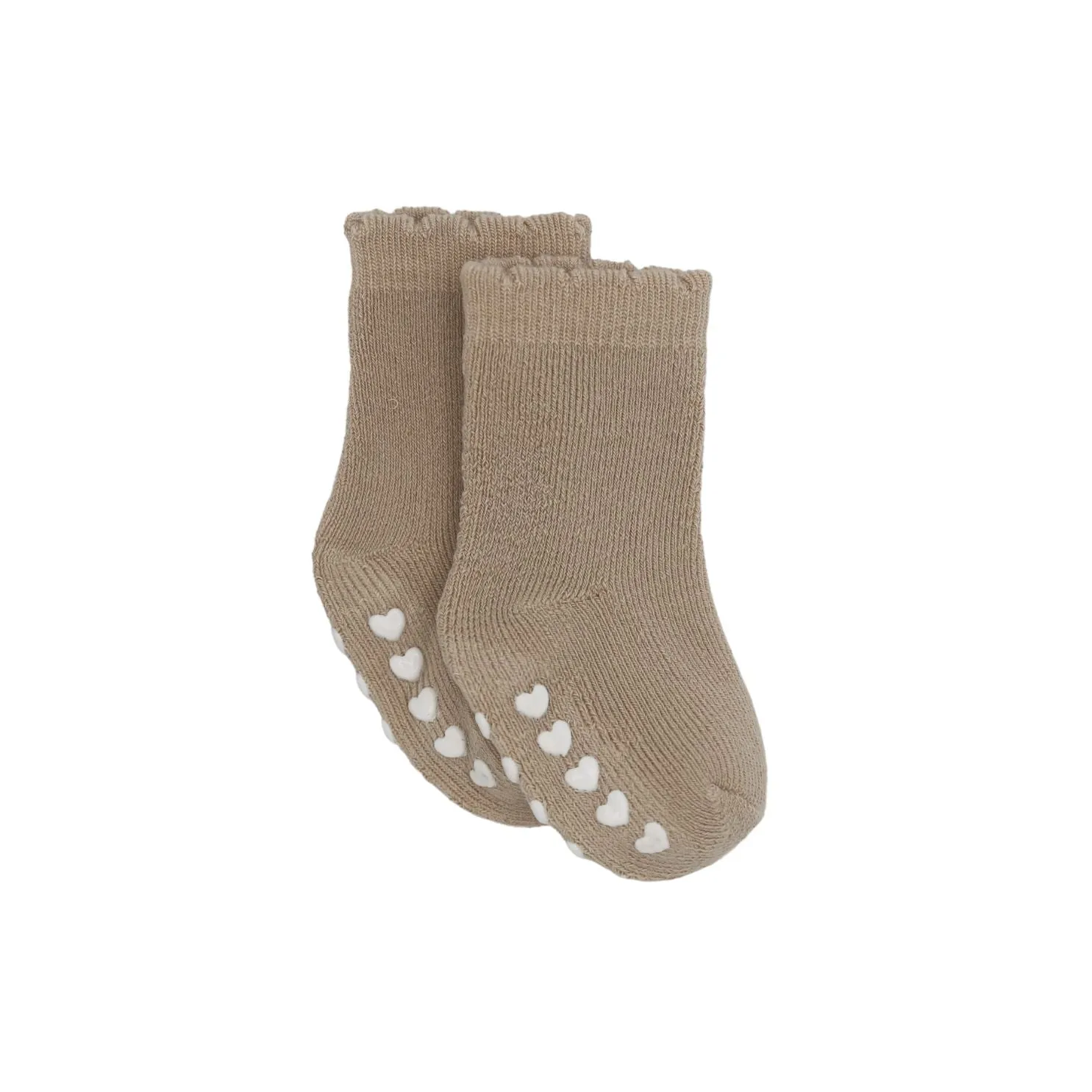 Scalloped Heart Grip Socks - Tan