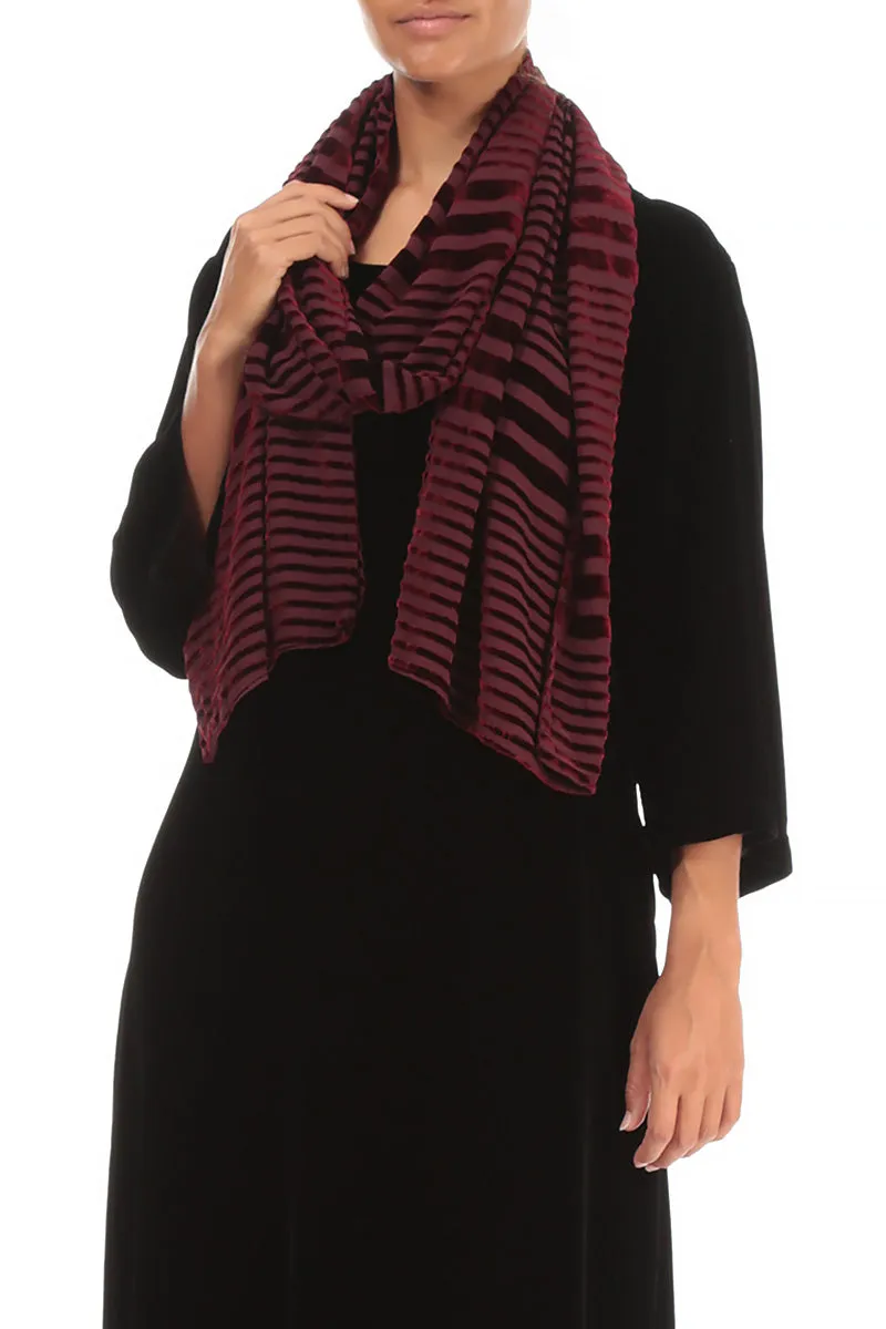 Striped Devoré Dark Red Silk Velvet Scarf