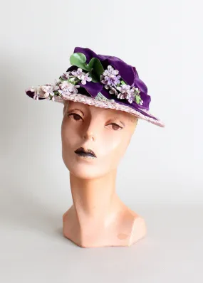 Vintage 1940s Purple Wisteria Straw and Velvet Hat