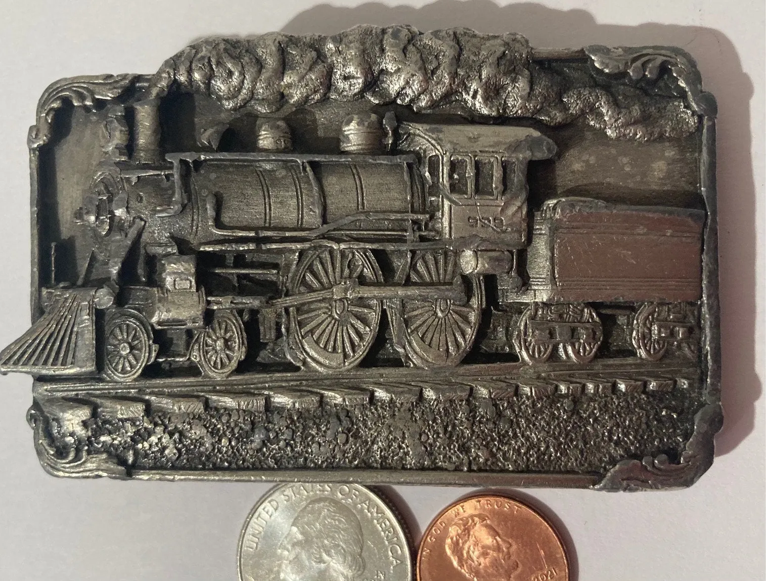 Vintage 1986 Metal Pewter Belt Buckle, Train, Steam Engine, Siskiyou Buckle Co, Quality, Heavy Duty, Fashion, Belts, Fun, Made in USA