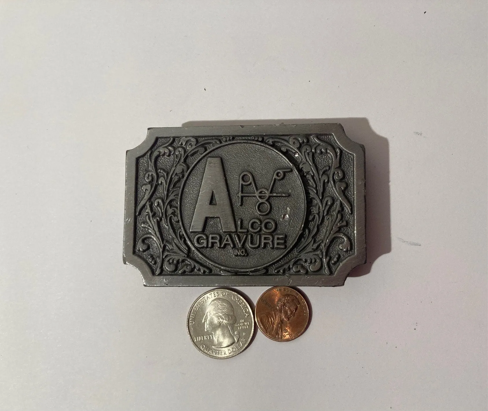 Vintage Metal Belt Buckle, Alco Gravure Inc, Made in USA, Quality, Heavy Duty, Fashion, Belts, Shelf Display, Collectible Belt Buckle