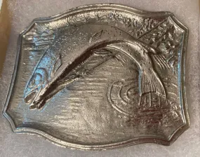 Vintage Metal Belt Buckle, Bass, Trout, Fishing, Nice Design, 3" x 2 1/2", Heavy Duty, Quality, Thick Metal, Made in USA, For Belts