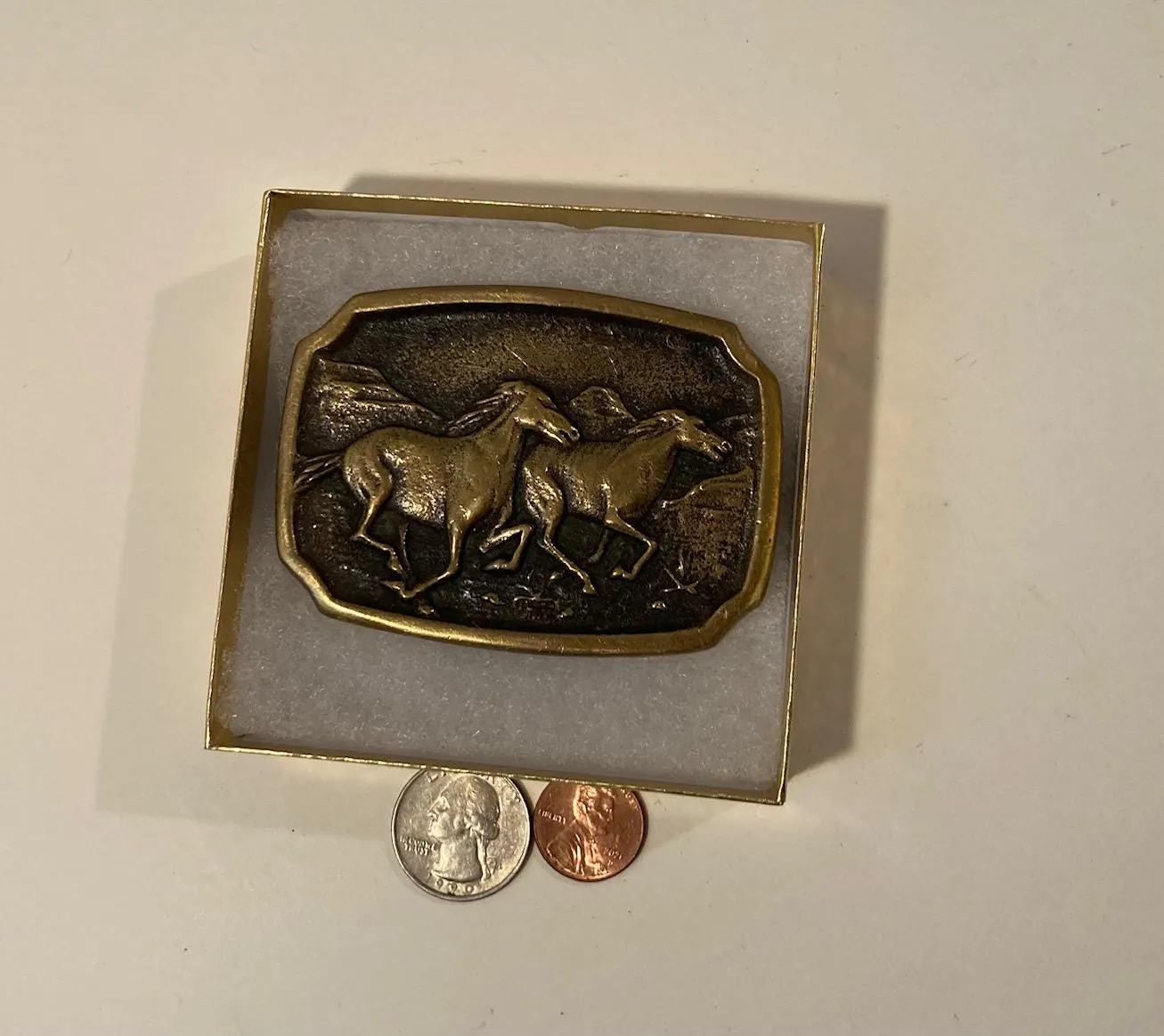 Vintage Metal Belt Buckle, Brass, BTS, Two Horses, Mustangs, Nice Design, 3 1/4" x 2 1/4", Heavy Duty, Quality, Thick Metal