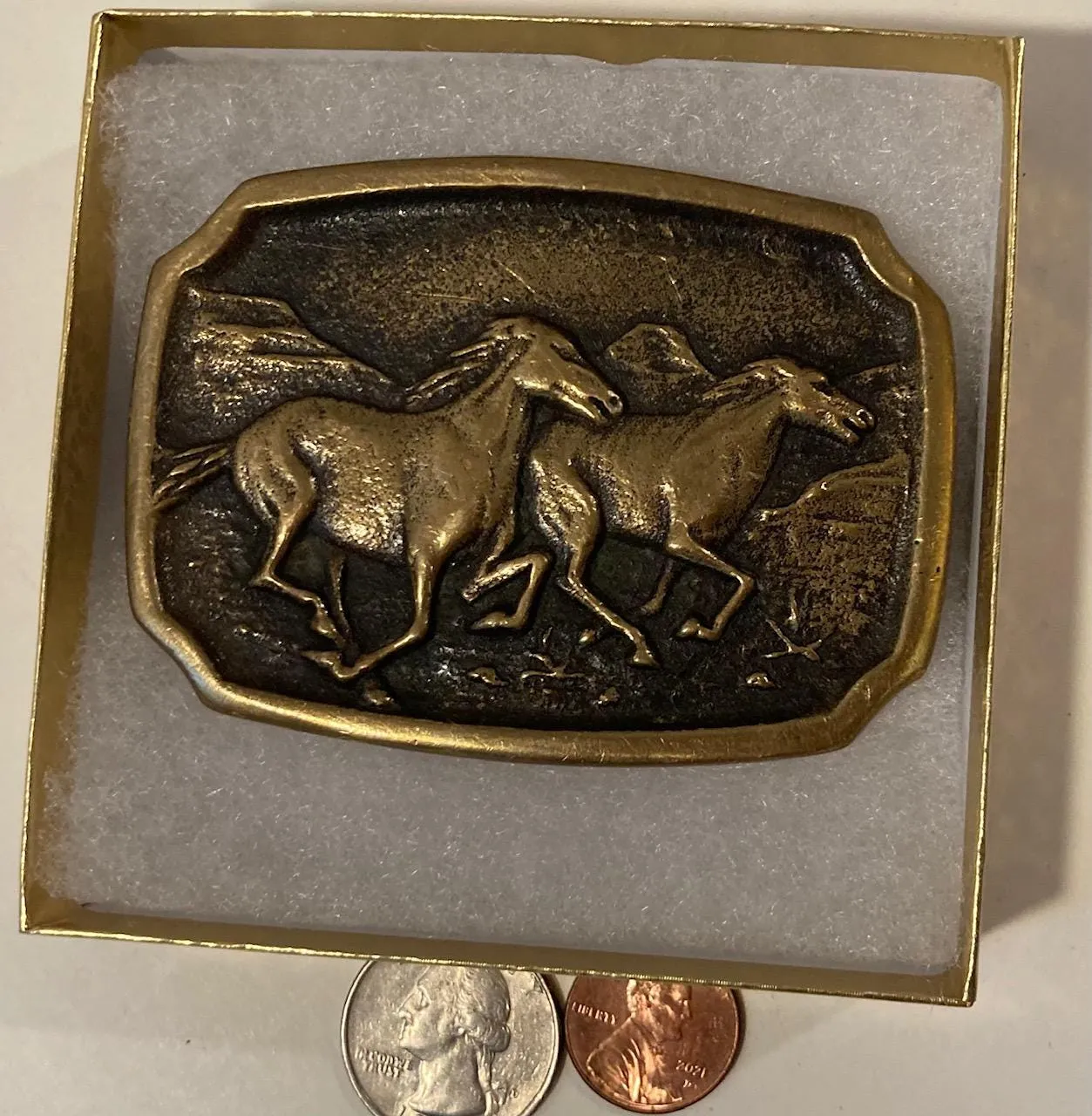 Vintage Metal Belt Buckle, Brass, BTS, Two Horses, Mustangs, Nice Design, 3 1/4" x 2 1/4", Heavy Duty, Quality, Thick Metal