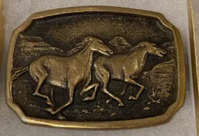 Vintage Metal Belt Buckle, Brass, BTS, Two Horses, Mustangs, Nice Design, 3 1/4" x 2 1/4", Heavy Duty, Quality, Thick Metal