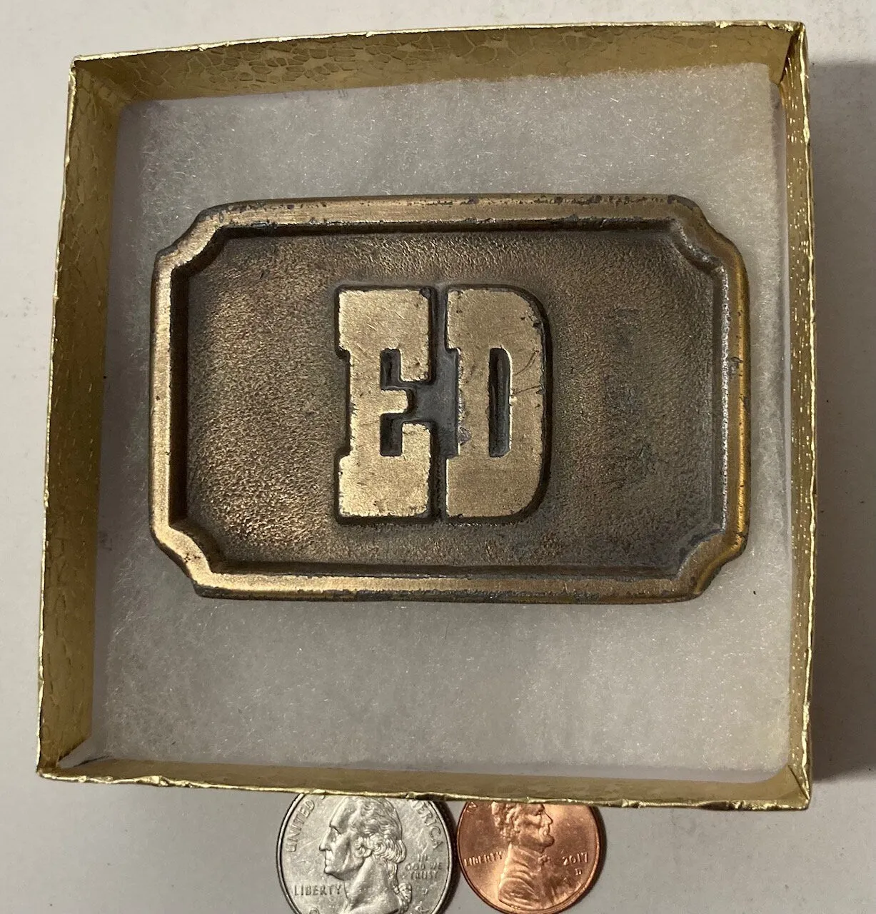 Vintage Metal Belt Buckle, Brass, Ed, Edward, Nice Western Design, 3" x 2", Heavy Duty, Quality, Thick Metal, Made in USA, For Belts