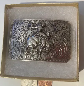 Vintage Metal Belt Buckle, Bronco Busting, Riding, Horse, Nocona, 3" x 2", Heavy Duty, Quality, Thick Metal, Made in USA, For Belts